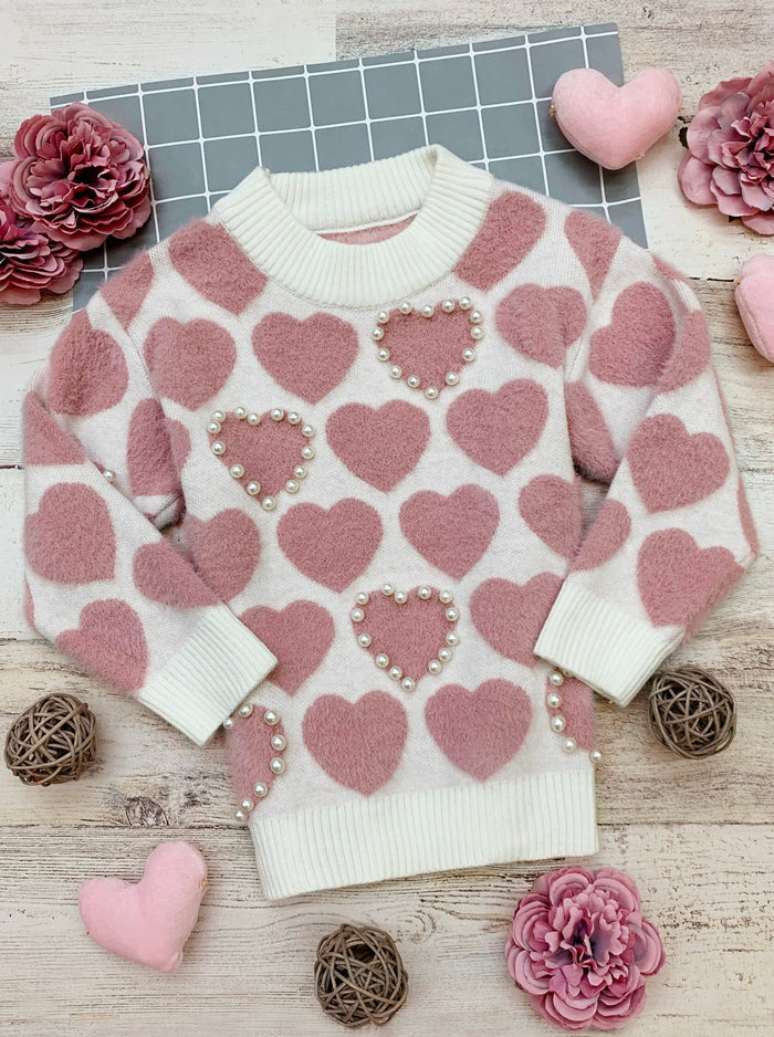 Kids Sweaters | Girls Pearl Heart Knit Sweater | Mia Belle Girls