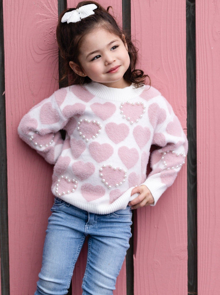 Kids Sweaters | Girls Pearl Heart Knit Sweater | Mia Belle Girls
