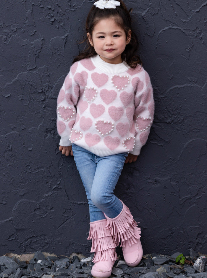 Kids Sweaters | Girls Pearl Heart Knit Sweater | Mia Belle Girls