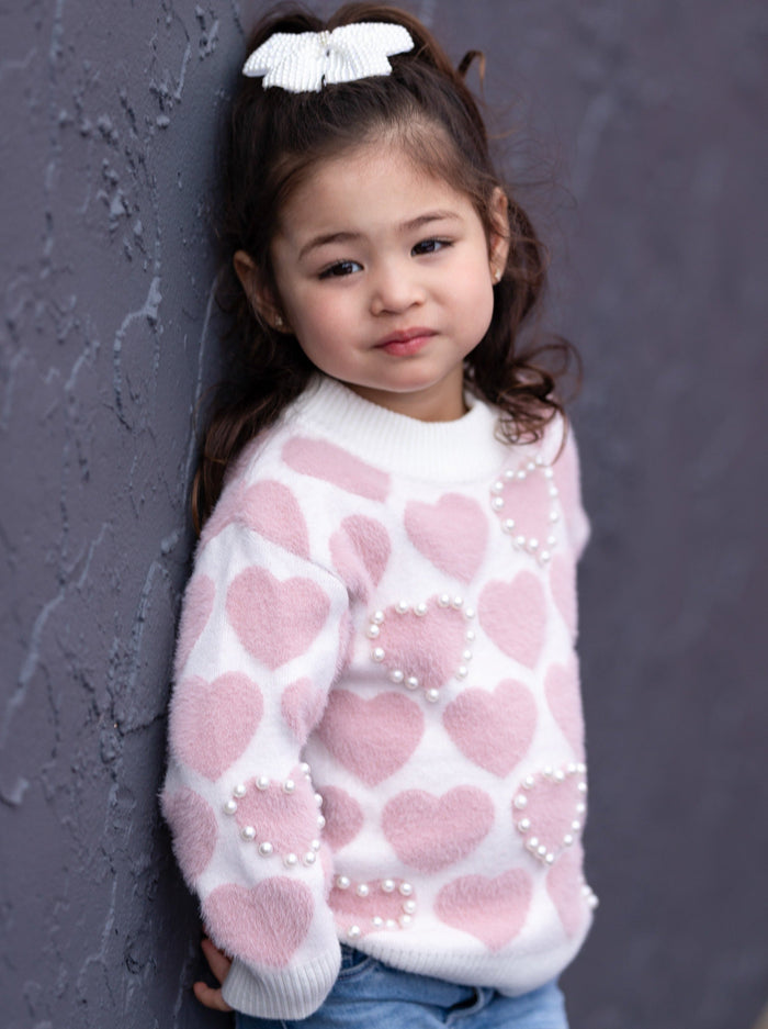Kids Sweaters | Girls Pearl Heart Knit Sweater | Mia Belle Girls
