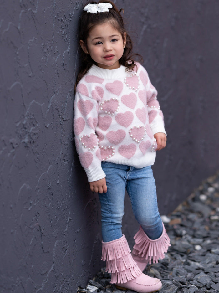 Kids Sweaters | Girls Pearl Heart Knit Sweater | Mia Belle Girls