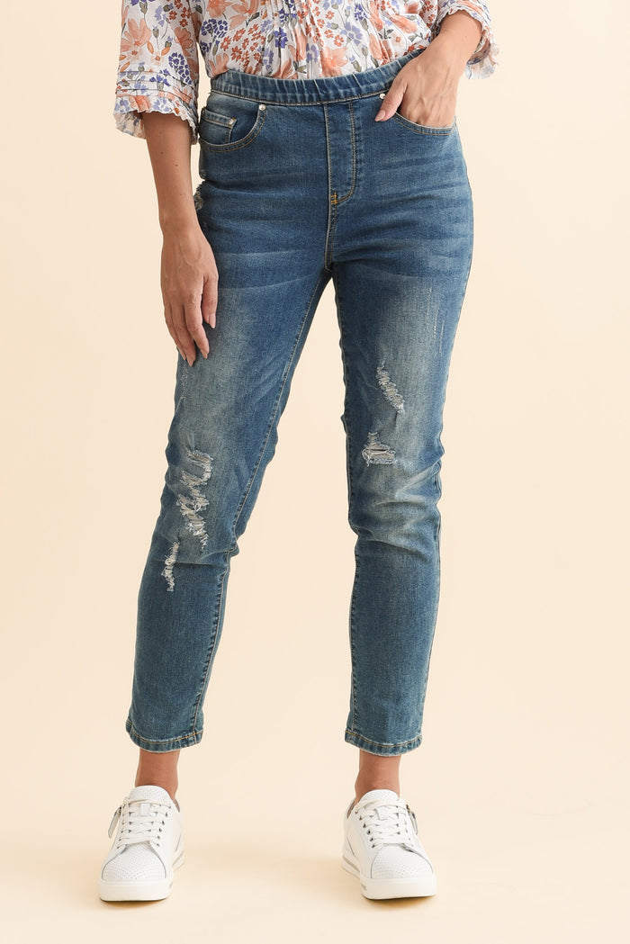 Zadie Distressed Blue Stretch Jeans,Brunette model,alt text|model:MJ