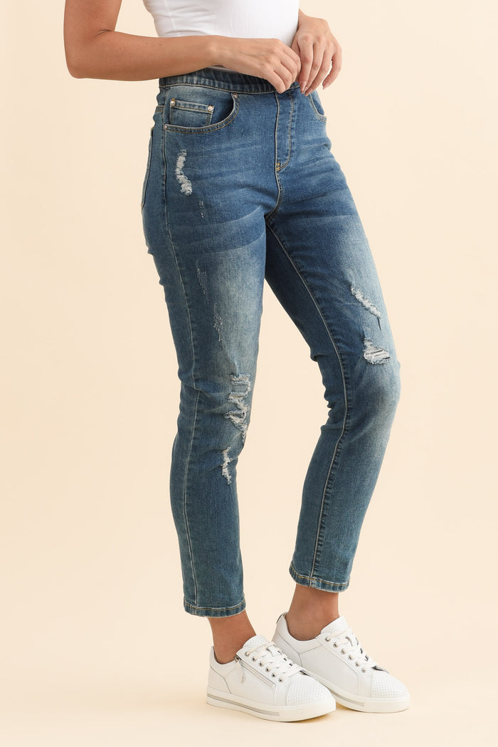 Zadie Distressed Blue Stretch Jeans,Brunette model,alt text|model:MJ