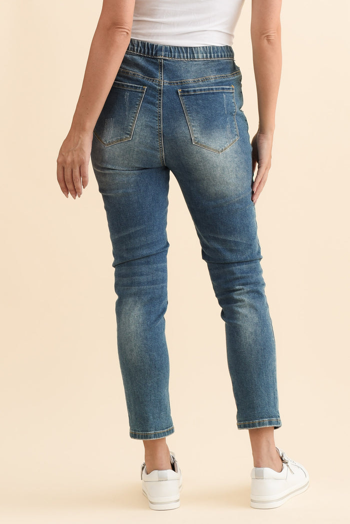 Zadie Distressed Blue Stretch Jeans,Brunette model,alt text|model:MJ