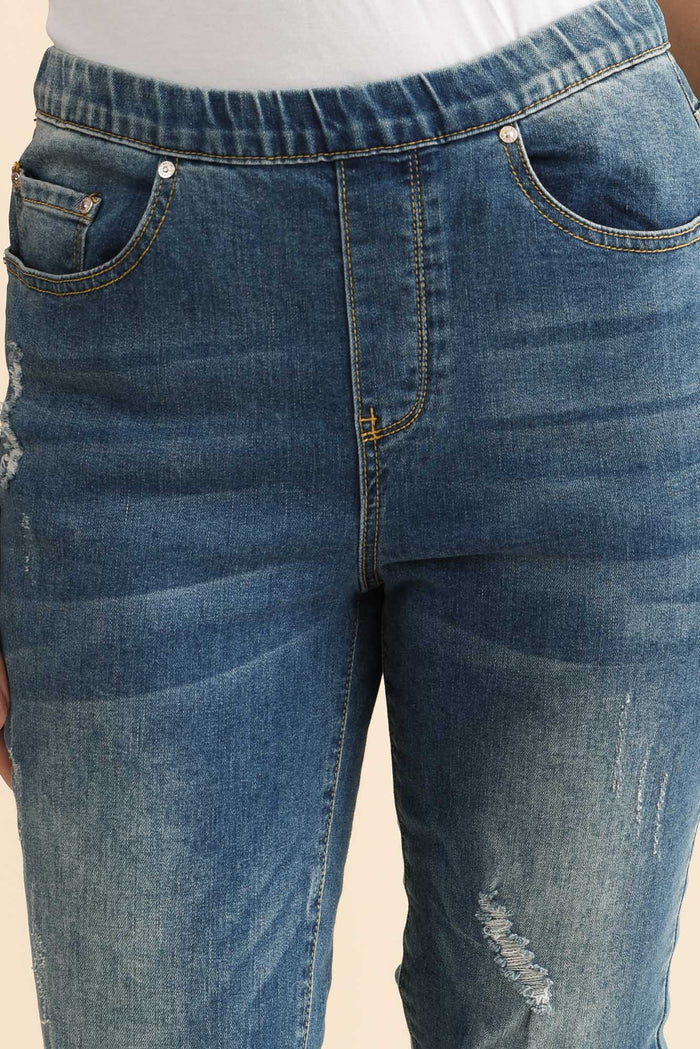 Zadie Distressed Blue Stretch Jeans,Brunette model,alt text|model:MJ