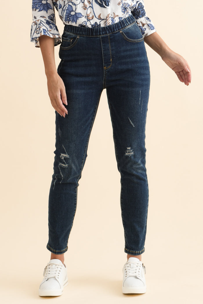 Zadie Distressed Dark Blue Stretch Jeans,Brunette model,alt text|model:MJ