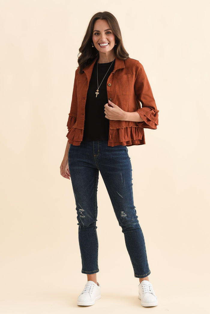 Zadie Distressed Dark Blue Stretch Jeans,Brunette model,alt text|model:MJ