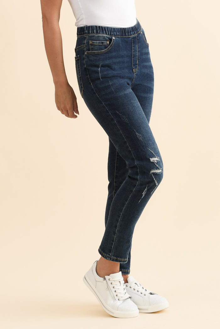 Zadie Distressed Dark Blue Stretch Jeans,Brunette model,alt text|model:MJ