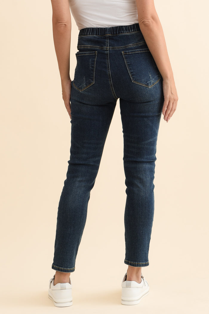 Zadie Distressed Dark Blue Stretch Jeans,Brunette model,alt text|model:MJ