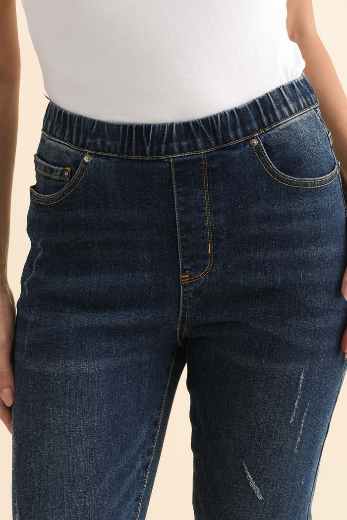 Zadie Distressed Dark Blue Stretch Jeans,Brunette model,alt text|model:MJ