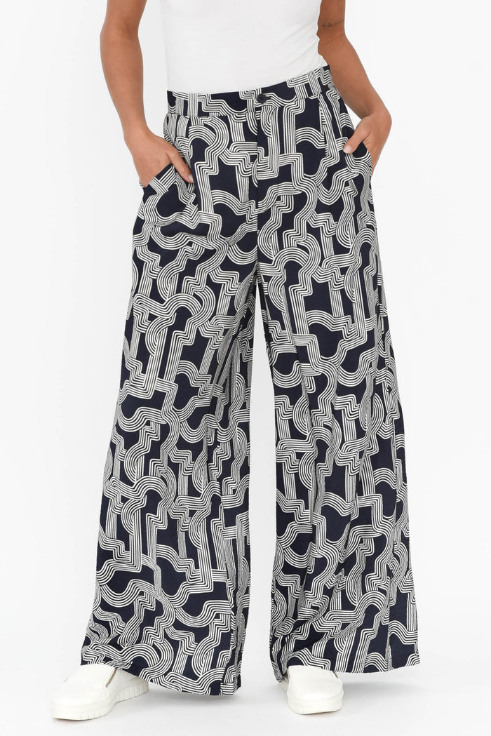 Zander Navy Geo Wide Leg Pants,Brunette model,alt text|model:Brontie