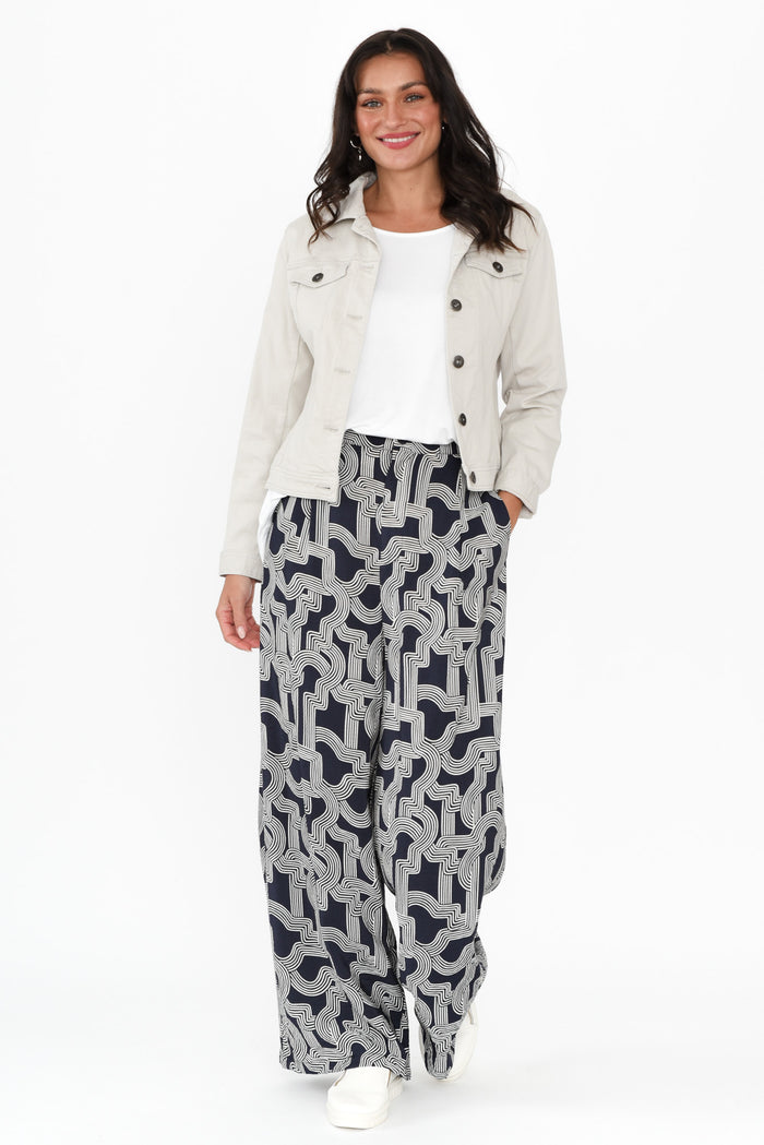 Zander Navy Geo Wide Leg Pants,Brunette model,alt text|model:Brontie