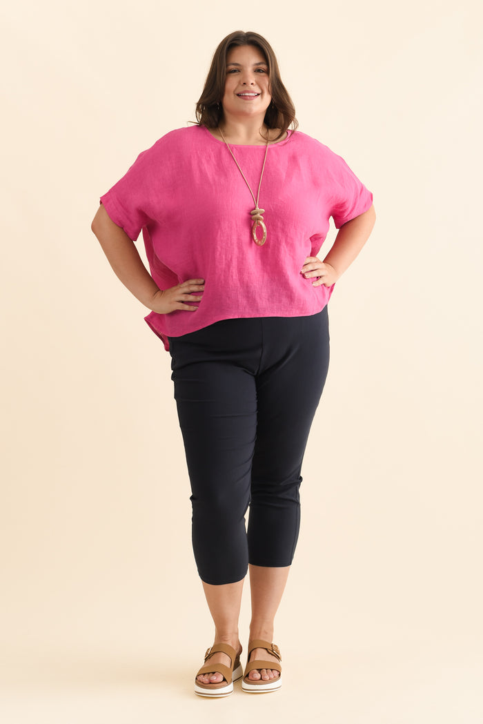Zara Navy Stretch Cropped Pants,Brunette model,alt text|model:Gabby